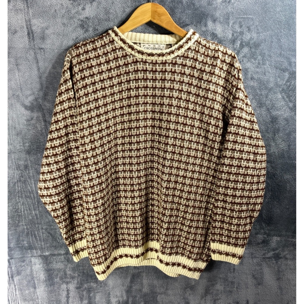Vintage Crossings Sweater Mens Small Geometric Knit 90s Acrylic Nylon Blend Crew